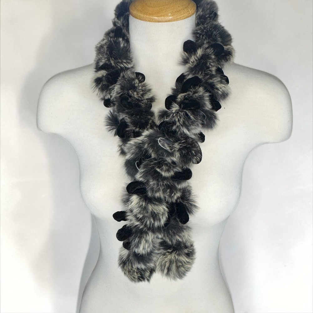 Vintage Collection XIIX LTD 100% Rabbit Fur Scarf  Black Velvet Trim 34 Inch